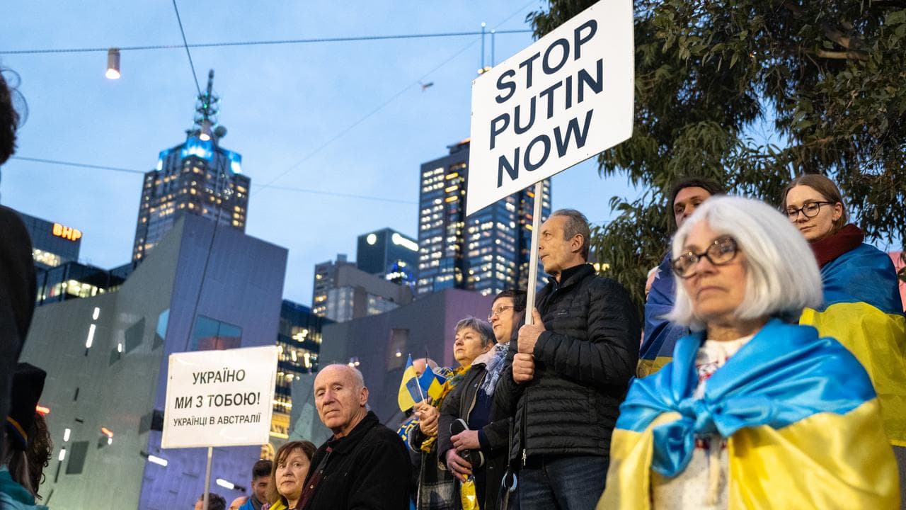 People gather in Federation Square to mark Ukraine's Independence Day