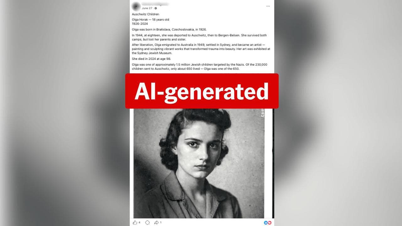 A Facebook post showing the AI image of Olga Horak.