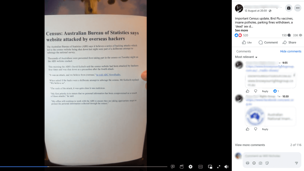 Screenshot of a false post on Facebook about the 2026 census