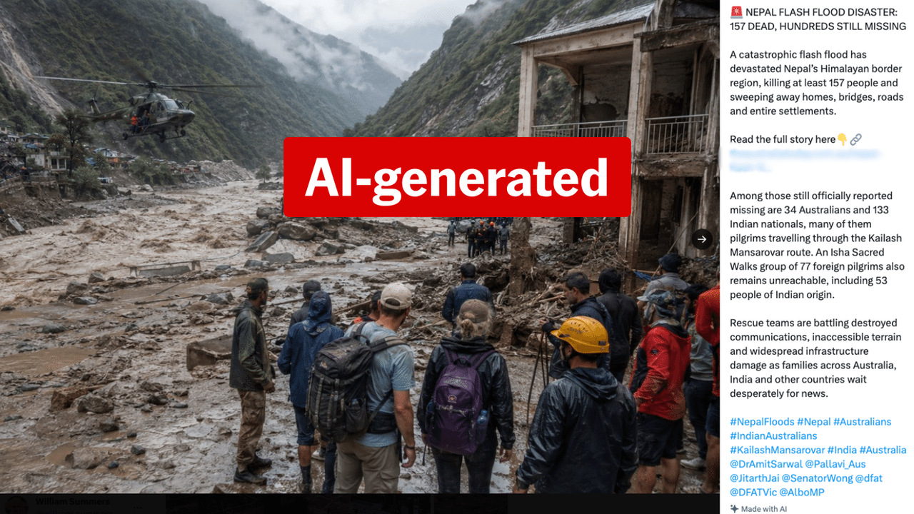 Screenshot of an AI-generated X post of Nepal flash floods