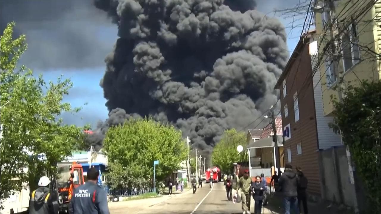 Smoke after a drone attack on the oil refinery in Tuapse, Russia