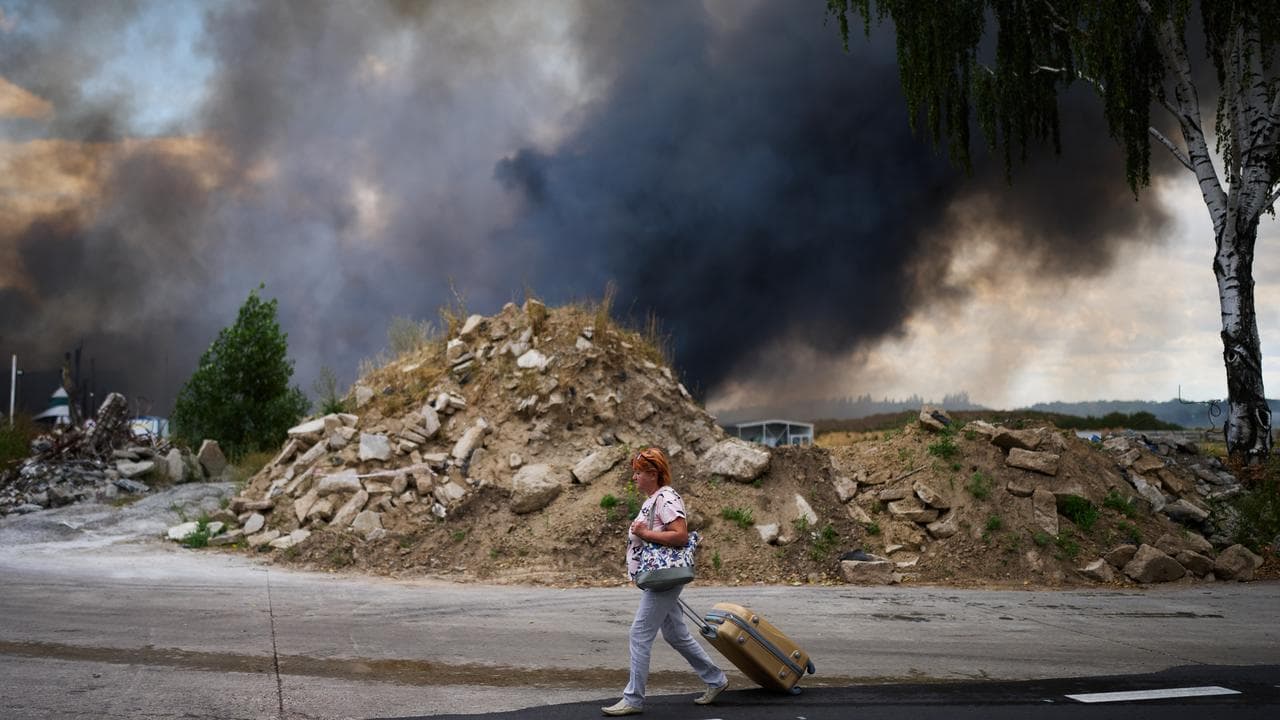 A destroyed warehouse after a Russian drone attack in Kyiv
