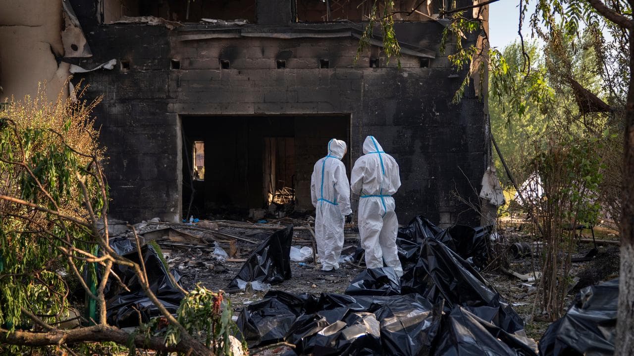 Emergency workers at a damaged nursing home
