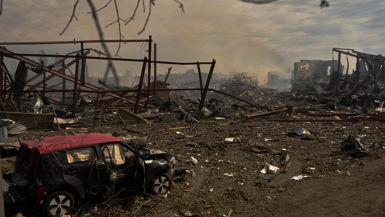 Destroyed vehicles and debris