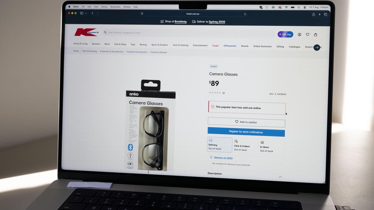 Kmart’s website showing its sold out Camera Glasses