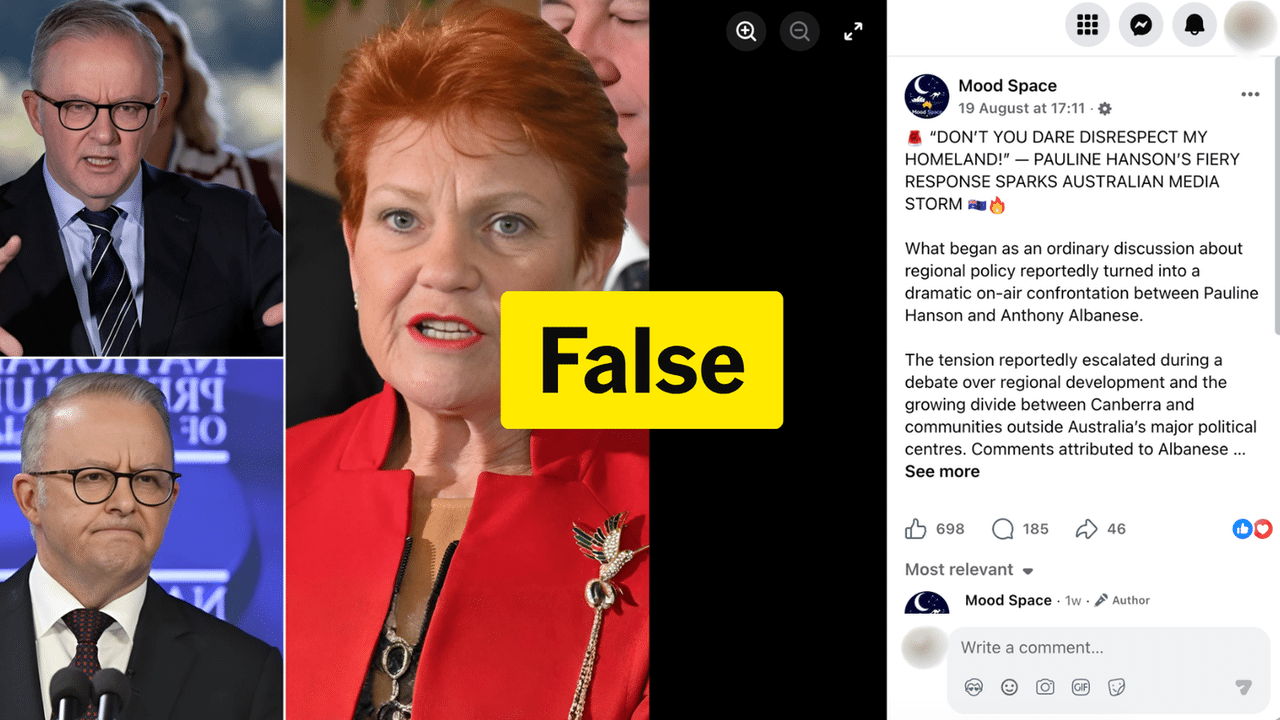 Screenshot of a false post about Pauline Hanson