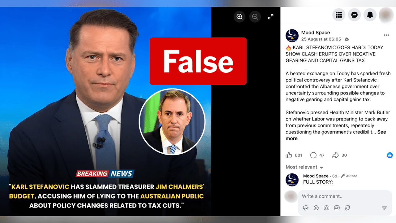 Screenshot of a false post about Karl Stefanovic