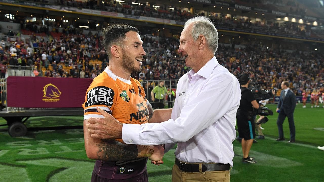 Broncos coach Wayne Bennett (right) is seen with Darius Boyd