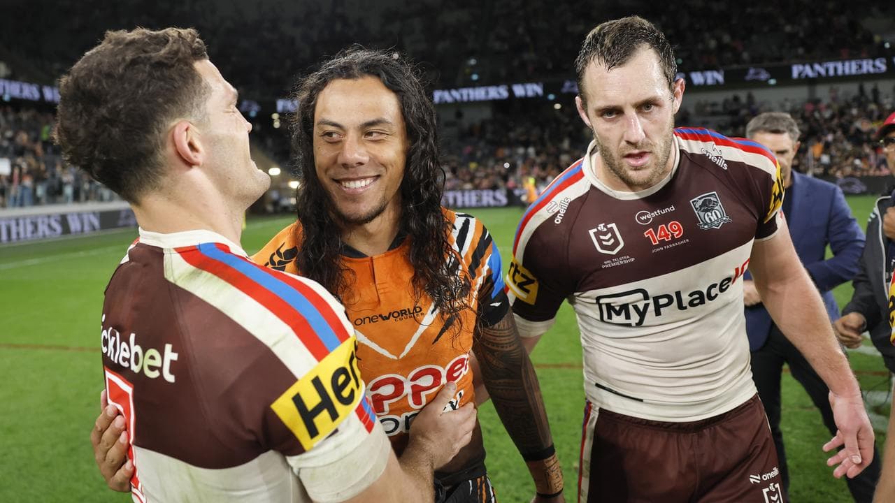 Nathan Cleary, Jarome Luai and Isaah Yeo caught up after the game.