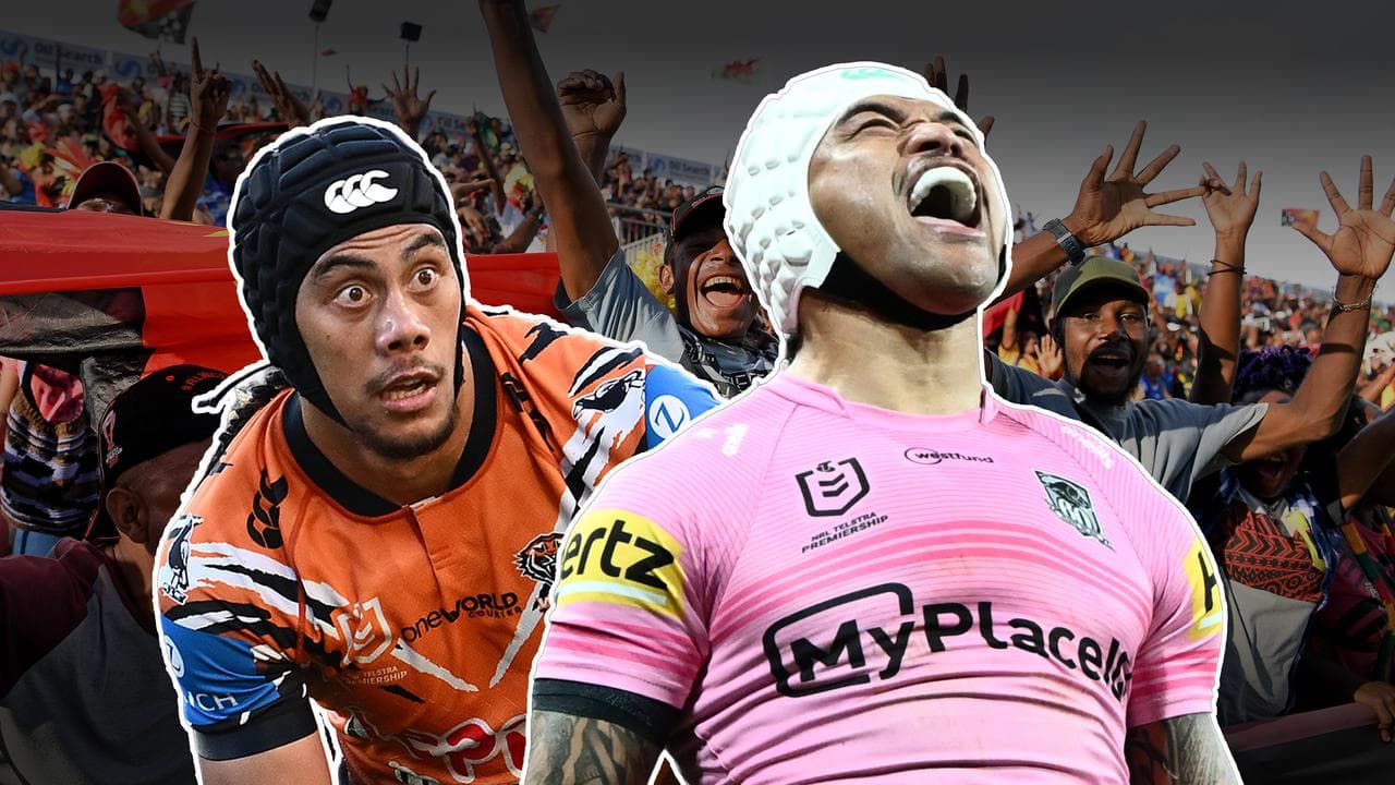 Jarome Luai and Brian To'o in front of PNG fans
