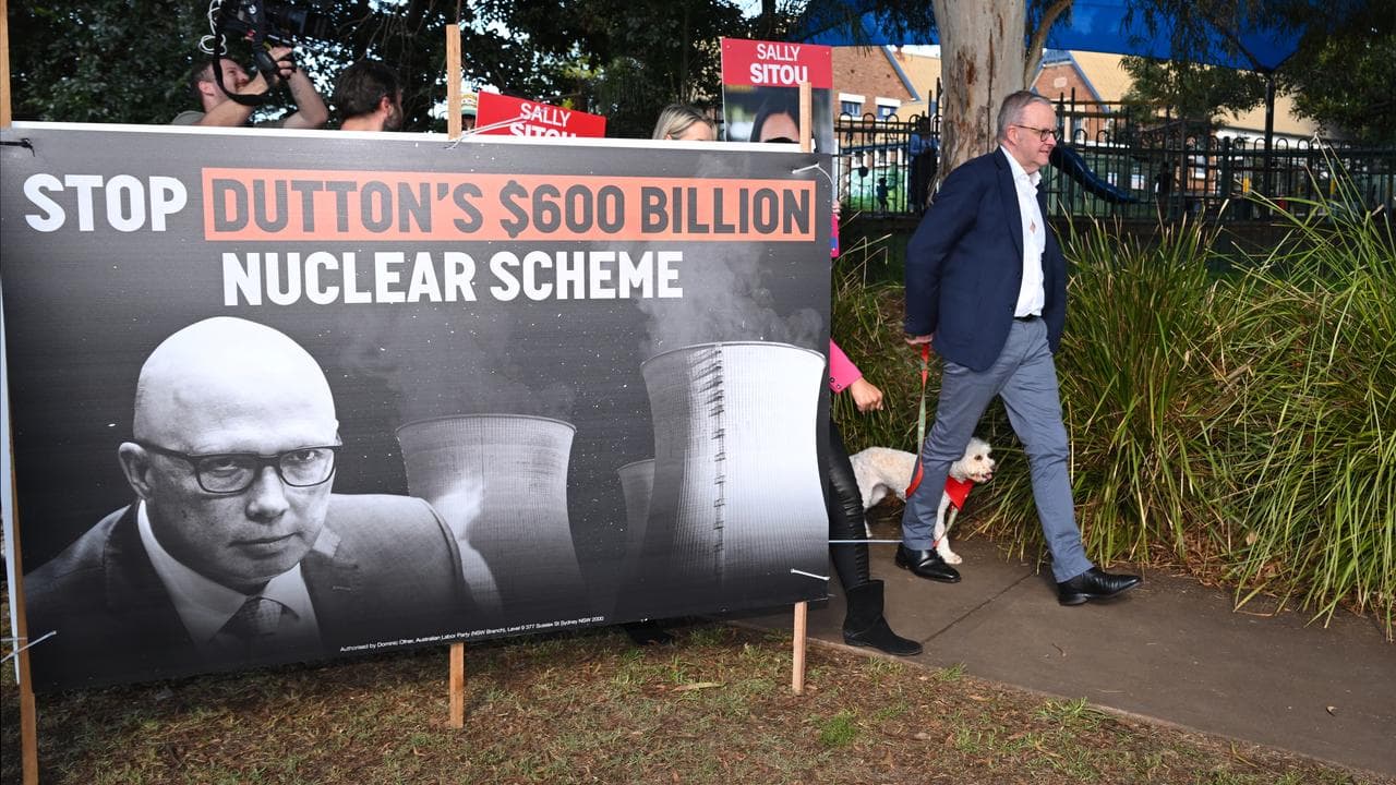 Anthony Albanese walks past a political advertising board (file image)