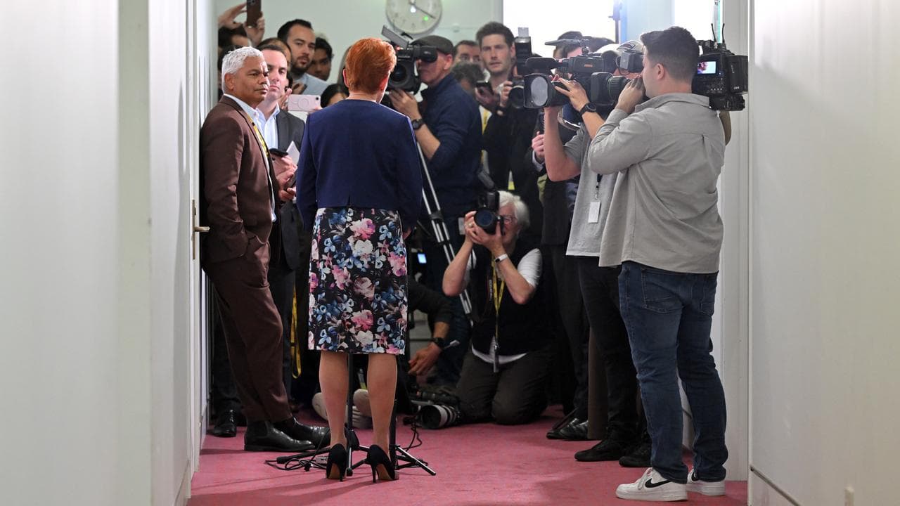 One Nation leader Pauline Hanson speaks to journalists