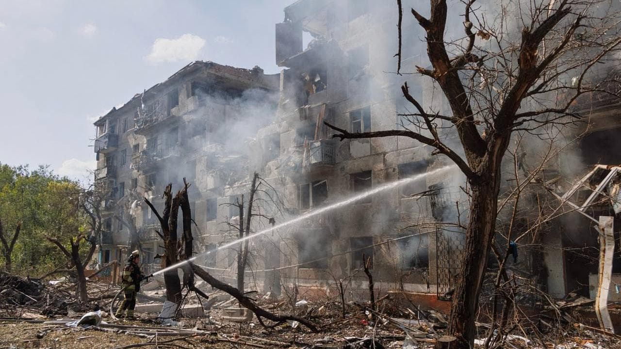 Damage to buildings after a a Russian air attack