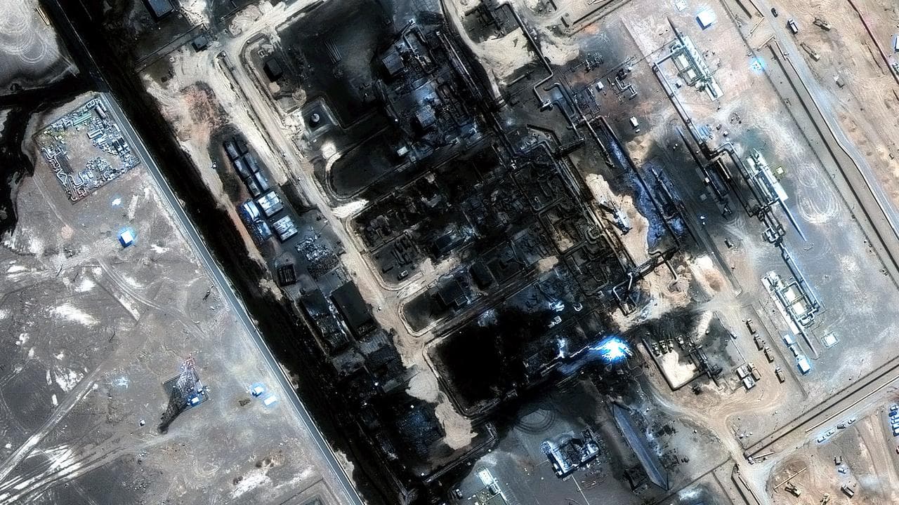 Aftermath of a drone attack on the East-West pipeline in Saudi Arabia