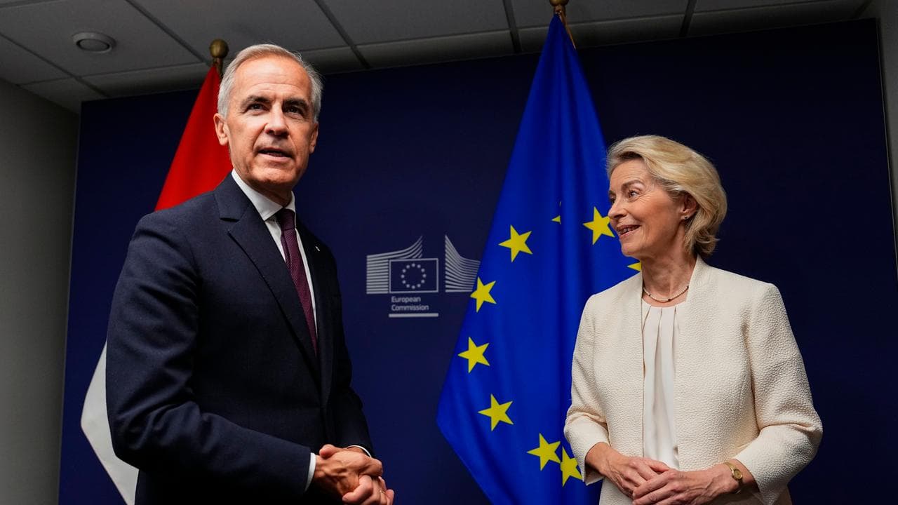 Mark Carney and Ursula von der Leyen speak in Strasbourg, France