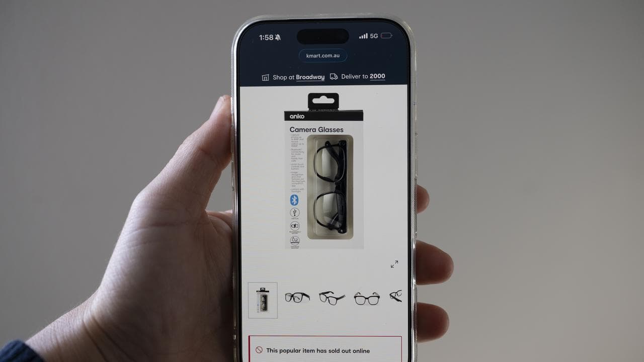 A website on a phone showing camera glasses