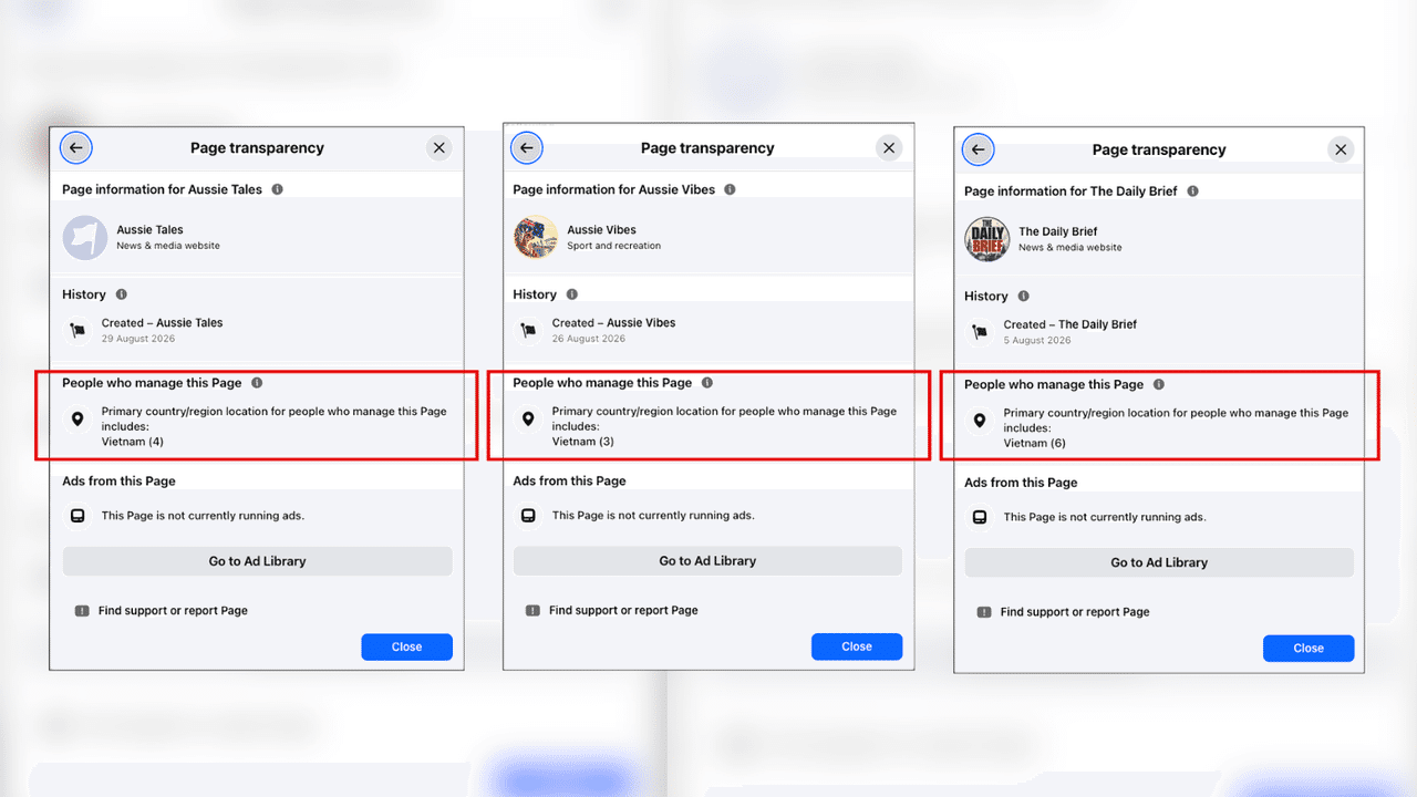 Screenshot showing page transparency details of Facebook pages