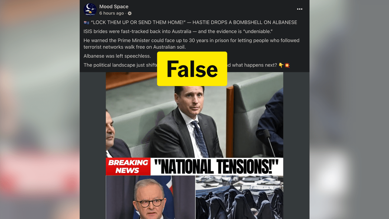 Screenshot of a false post with a photo of Andrew Hastie MP