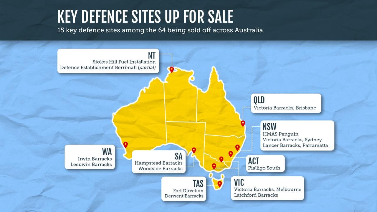 A graphic showing 15 of the 64 defence sites up for sale.