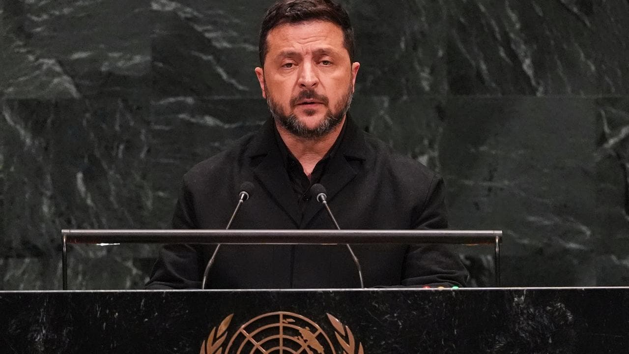 President Volodymyr Zelenskiy speaks to the UN General Assembly