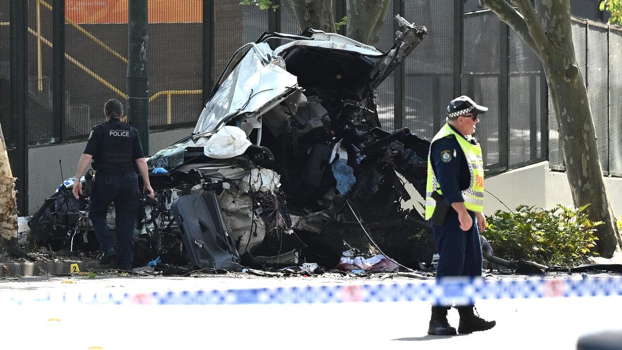 The wreck of the police car in Redfern, Sydney