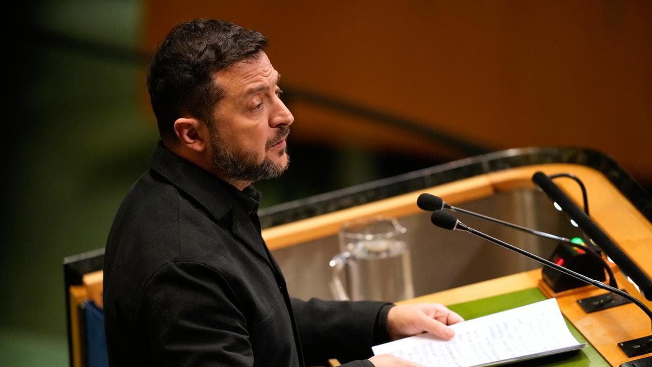 Ukrainian President Volodymyr Zelenskiy addresses the UN