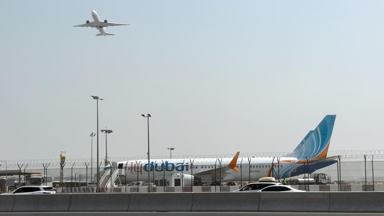 FlyDubai aircraft at Dubai International Airport in Dubai, UAE
