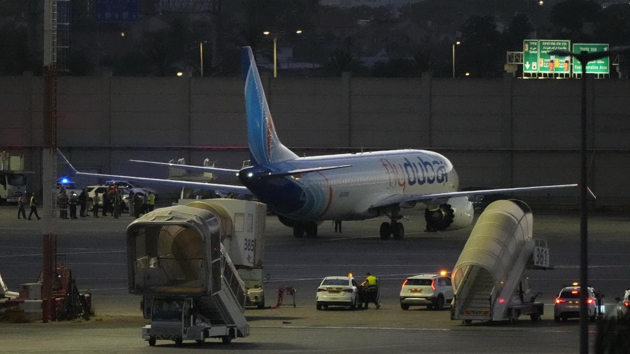 A FlyDubai plane in Israel after an emergency landing in Saudi Arabia