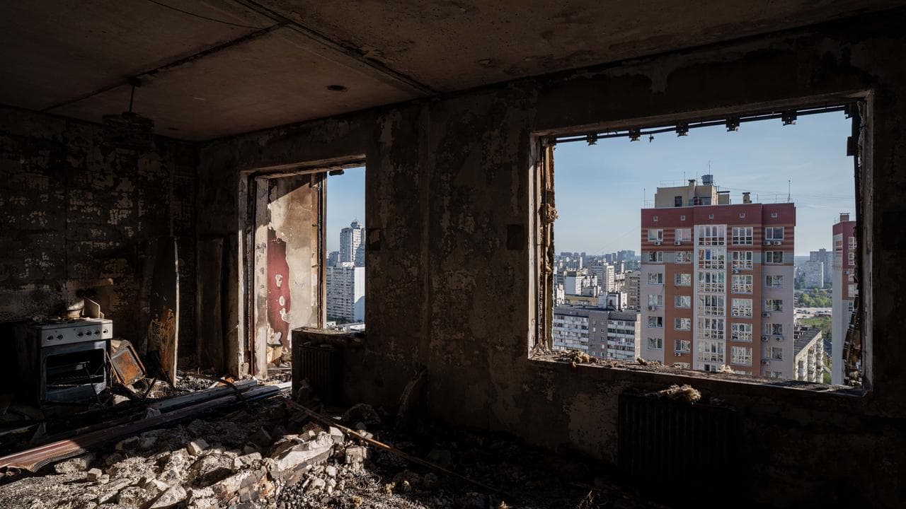 An burned-out apartment after a Russian drone strike in Kyiv, Ukraine