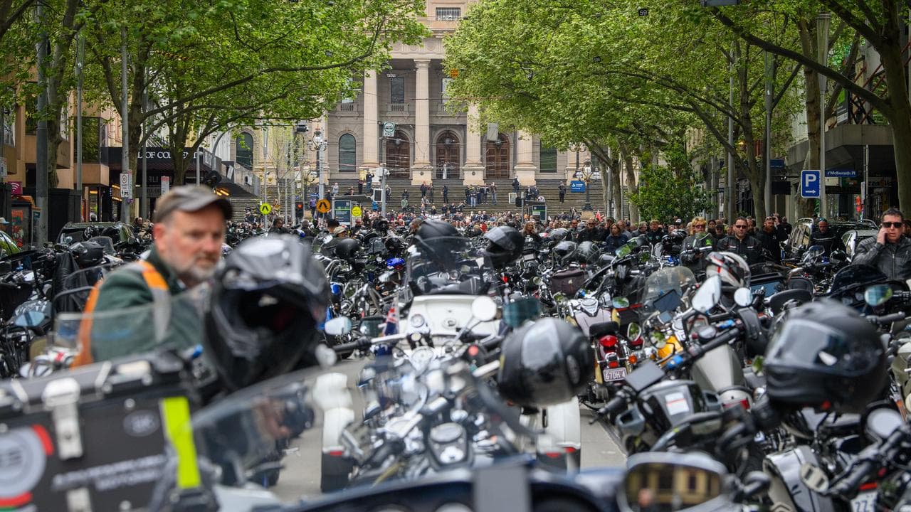 Motorcyclists fill Burke street outside Parliament House in Melbourne