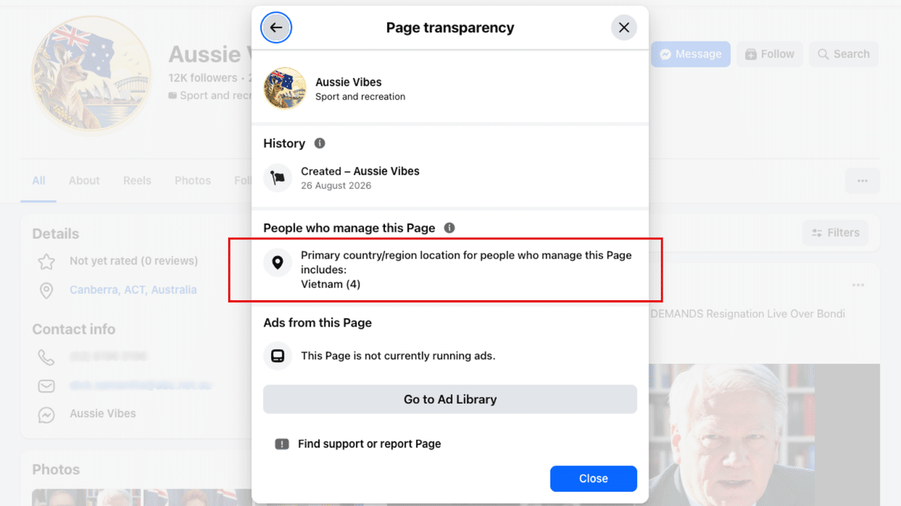 Screenshot of transparency data showing the page is run from Vietnam