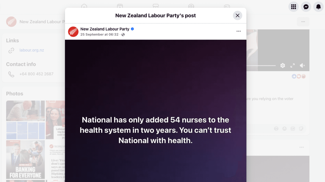 Screenshot of a New Zealand Labour Facebook post about nurses