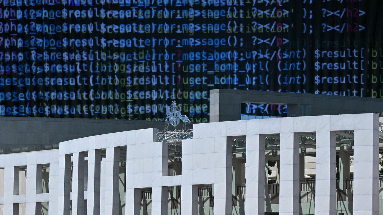 Parliament House with various lines of code