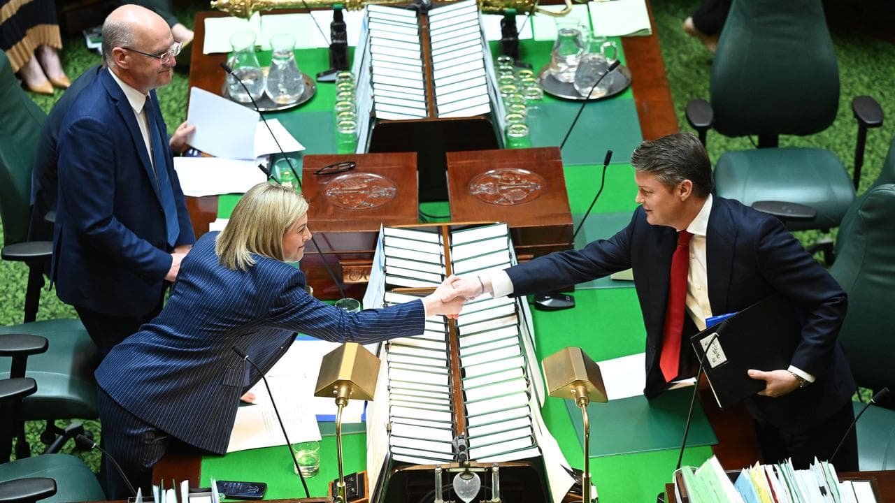 Jess Wilson and Ben Carroll shake hands in parliament