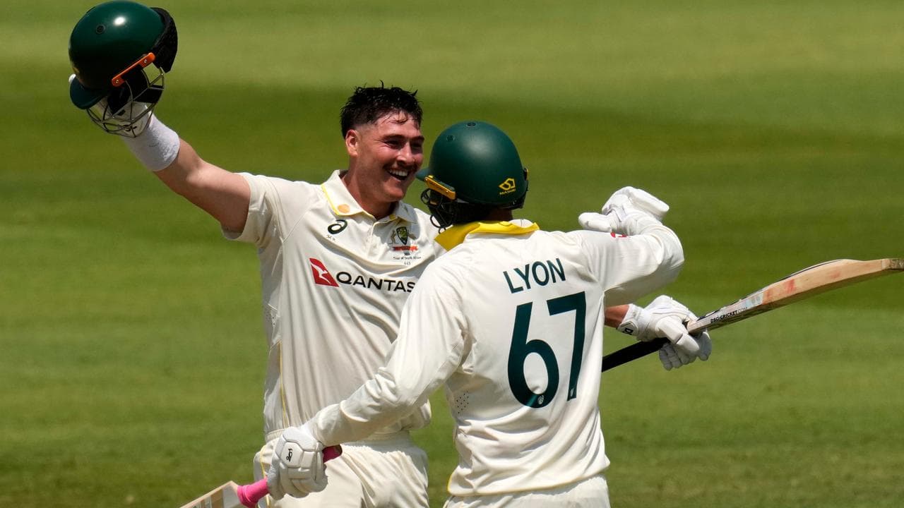 Nathan Lyon rushes to congratulate Matt Renshaw