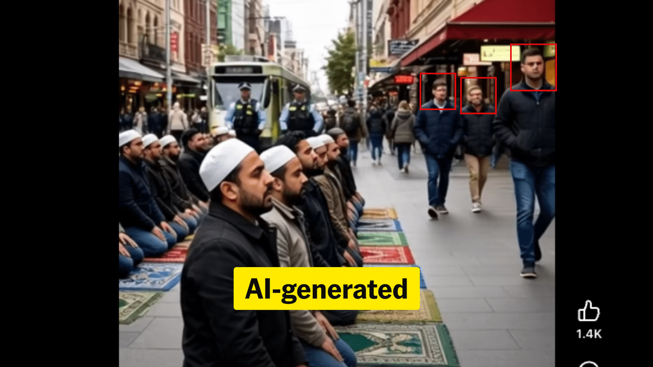Screenshot showing blurred faces in the AI-generated video