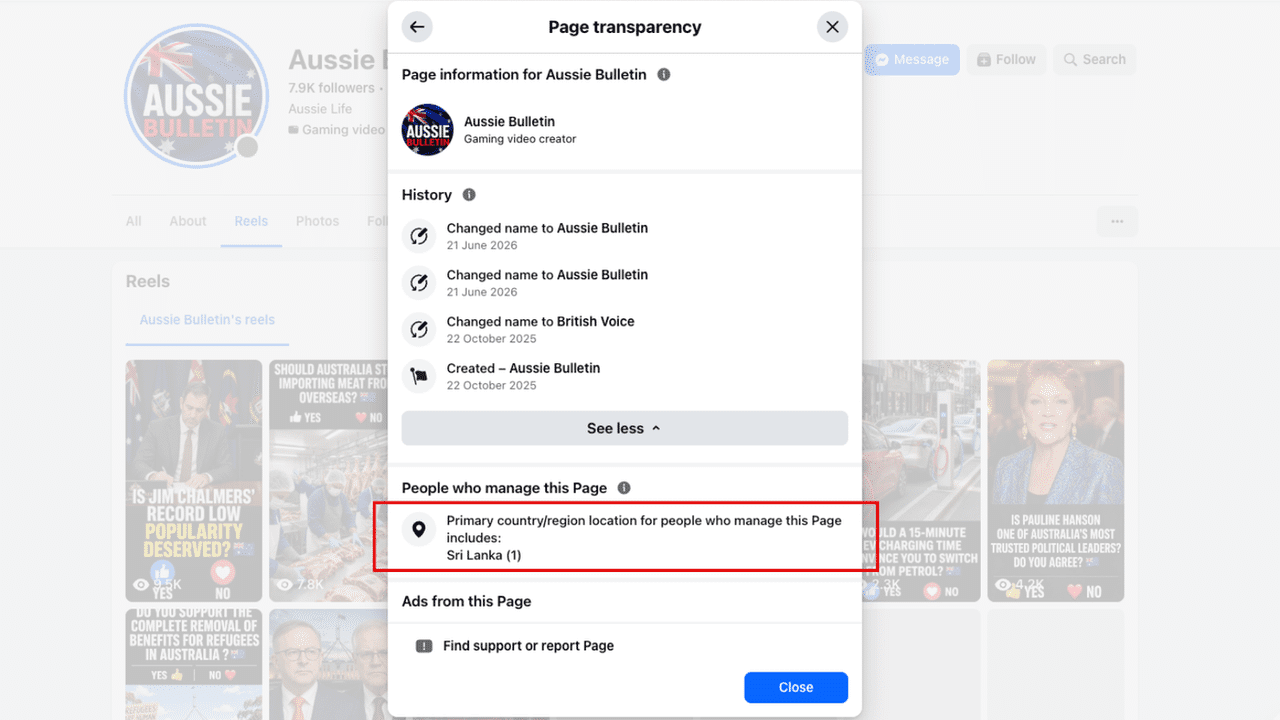 Screenshot showing the Aussie Bulletin page is run from Sri Lanka