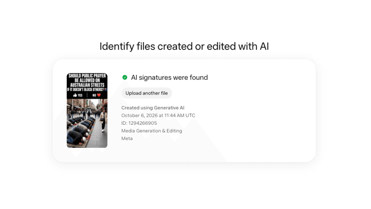Screenshot of Meta's AI identification tool confirming the video is AI