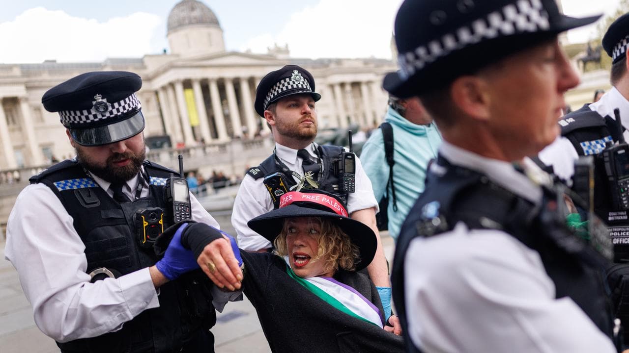 A protester being arrested after defying the ban.