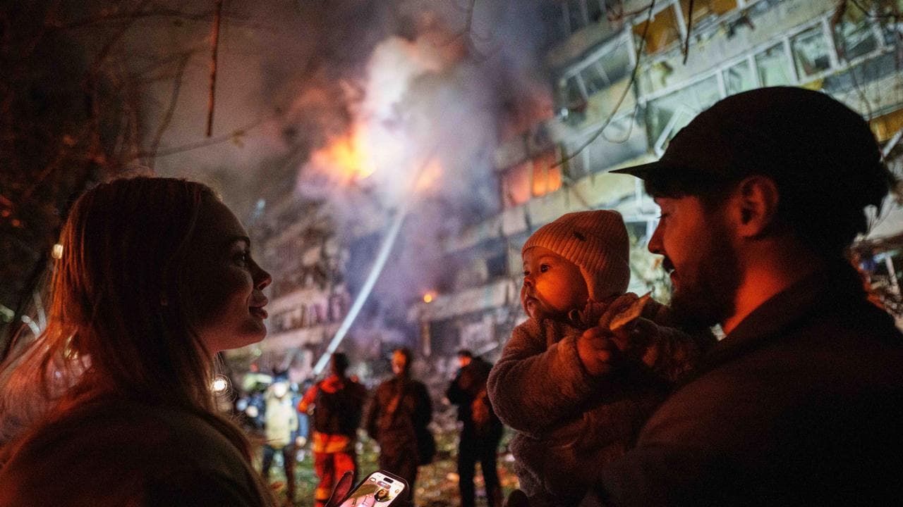 Building damaged in a Russian missile strike in Kyiv, Ukraine