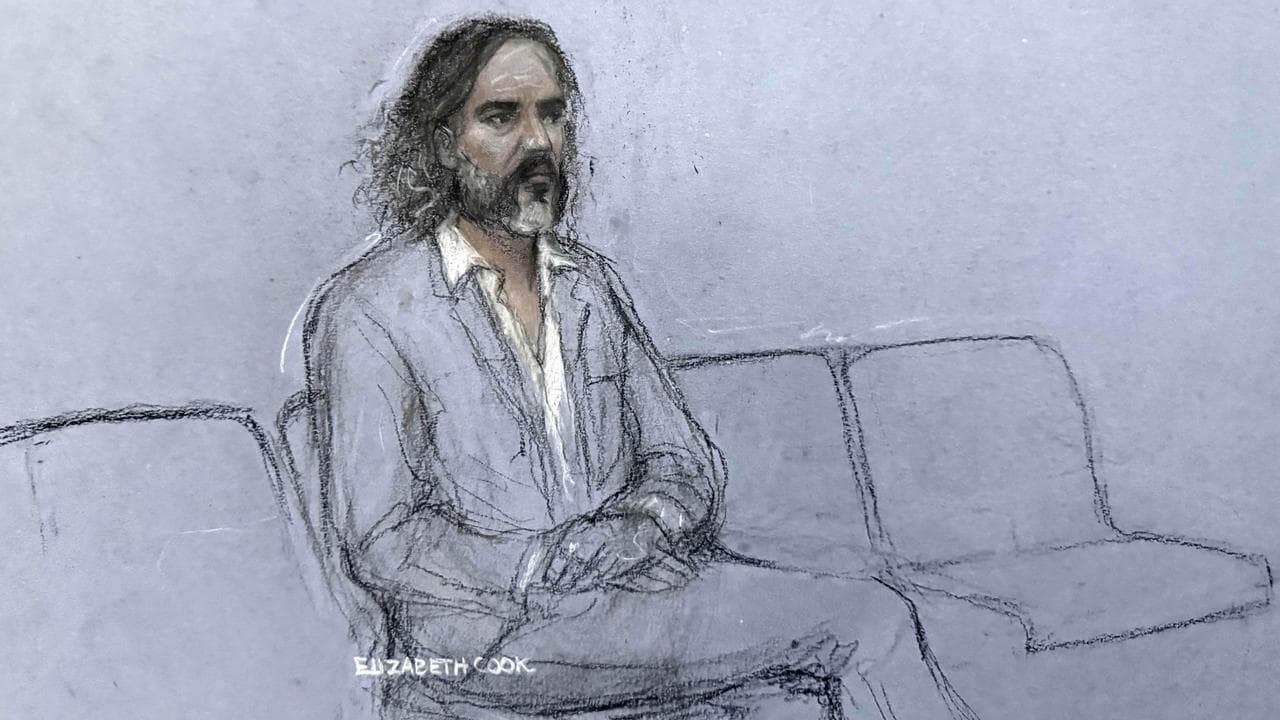 A court sketch of Russell Brand