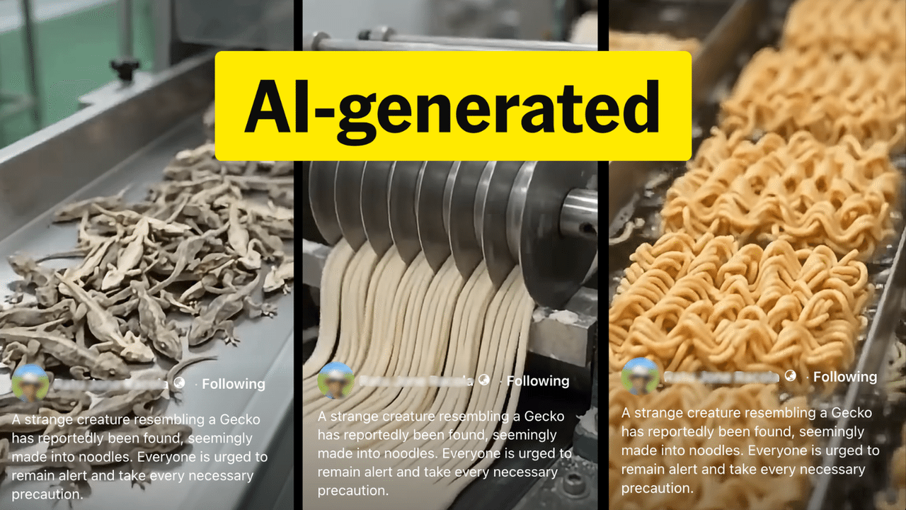 Screenshots from an AI video claiming to show gecko noodles