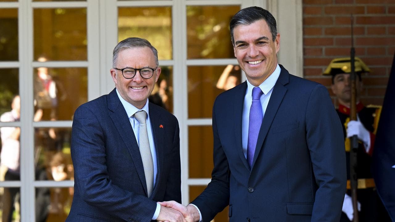 Anthony Albanese is welcomed by Pedro Sanchez in Madrid, Spain