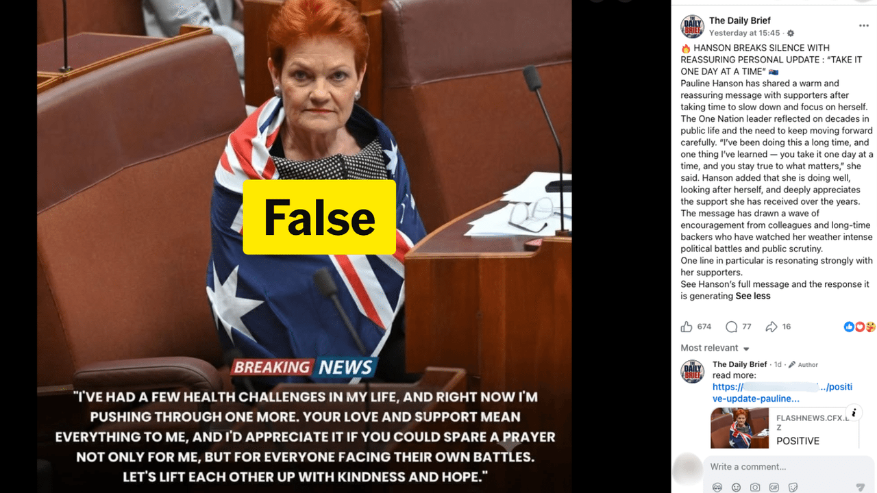 Screenshot of a false post about Pauline Hanson