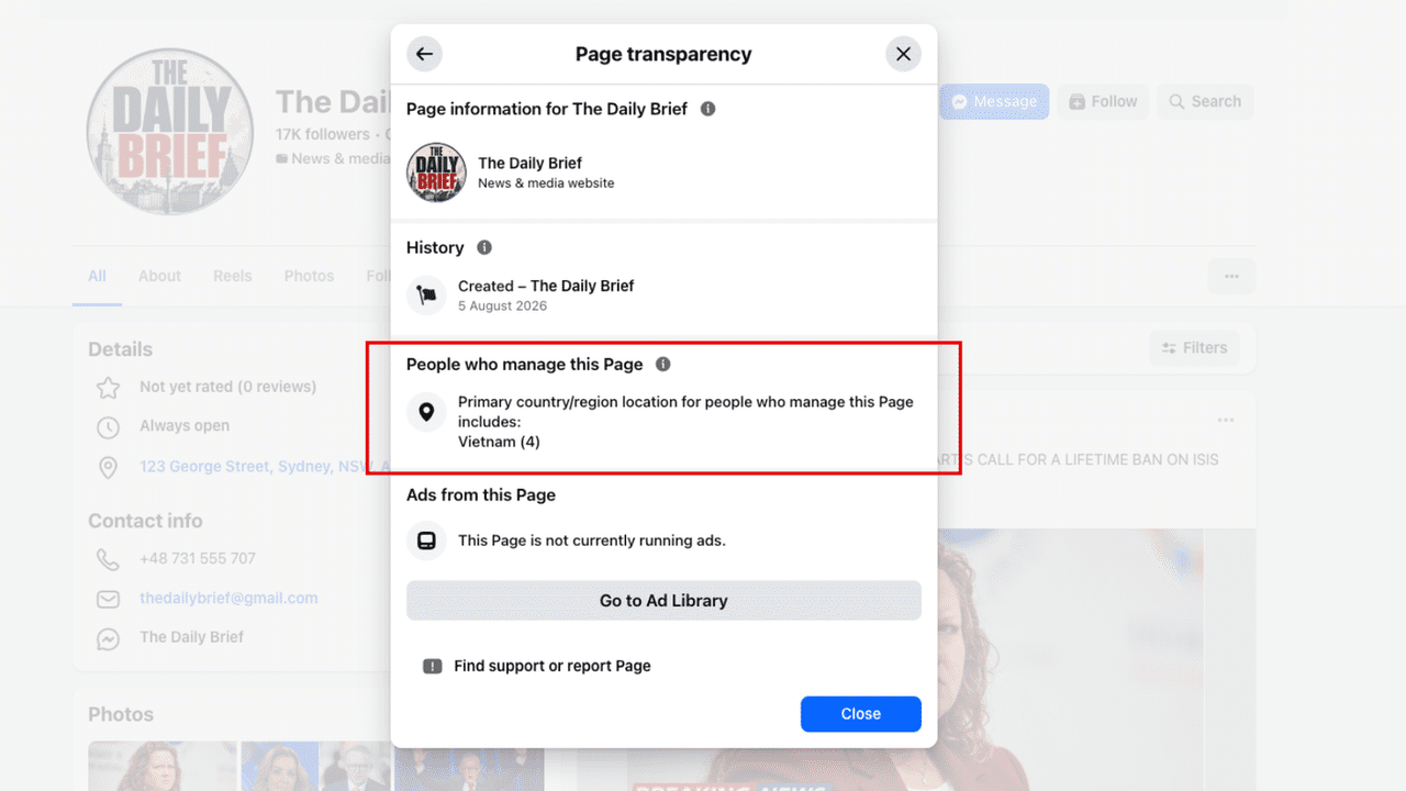 Screenshot of of details showing the Facebook page is run from Vietnam
