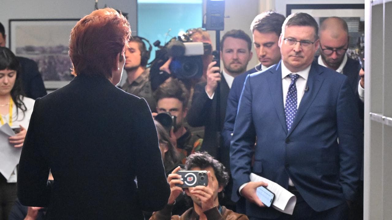 One Nation Leader Pauline Hanson speaks to journalists