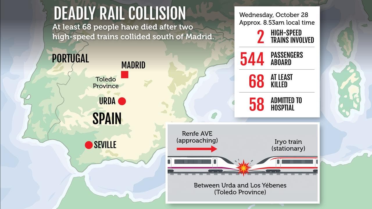 Map shows a deadly high-speed train collision near Urda, Spain