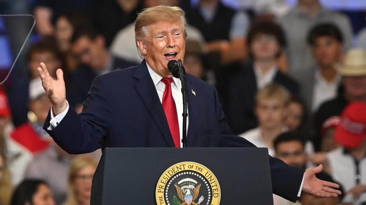 President Donald Trump speaks at a campaign rally at Lubbock, Texas