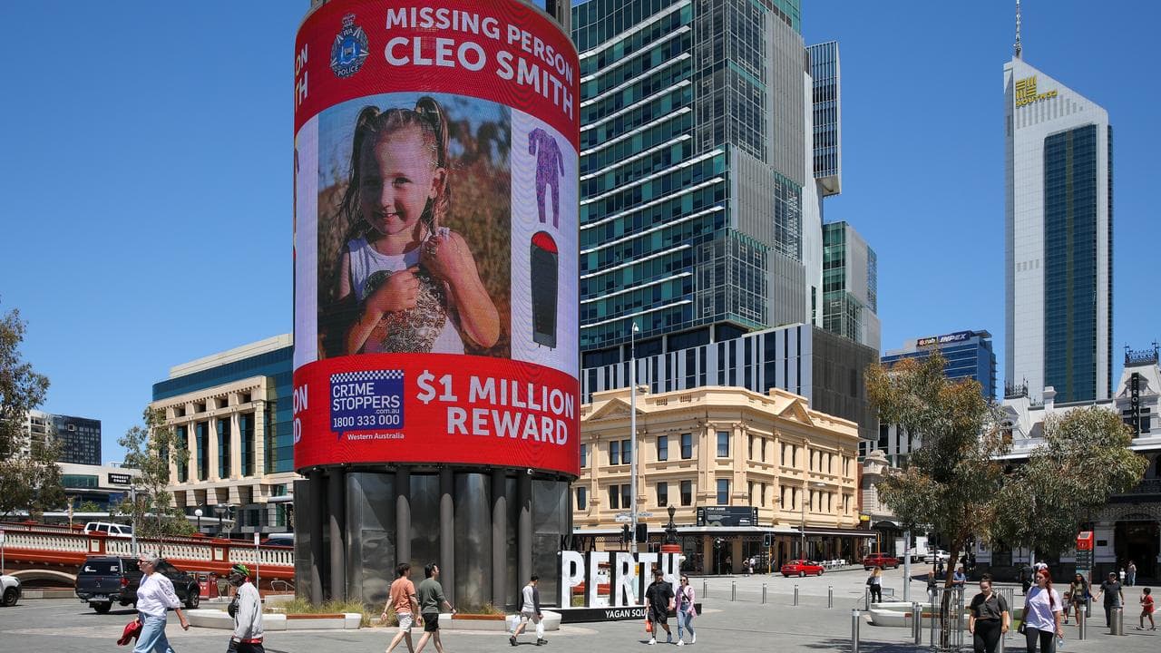 A reward sign for missing girl Cleo Smith on a digital tower