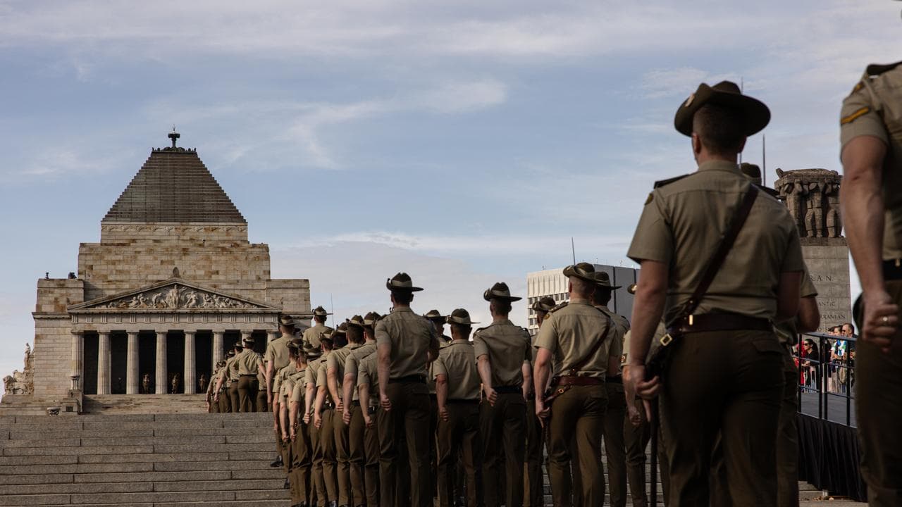 Anzac Day march towards the Shrine Of Remembrance in Melbourne